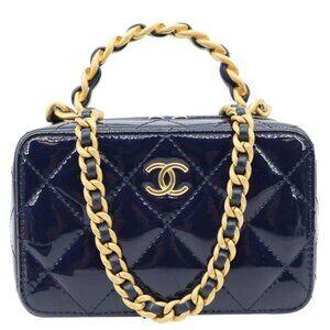 Chanel  Woven Chain Vanity Case Mini Patent Leather Top Handle Shoulder Bag Blue